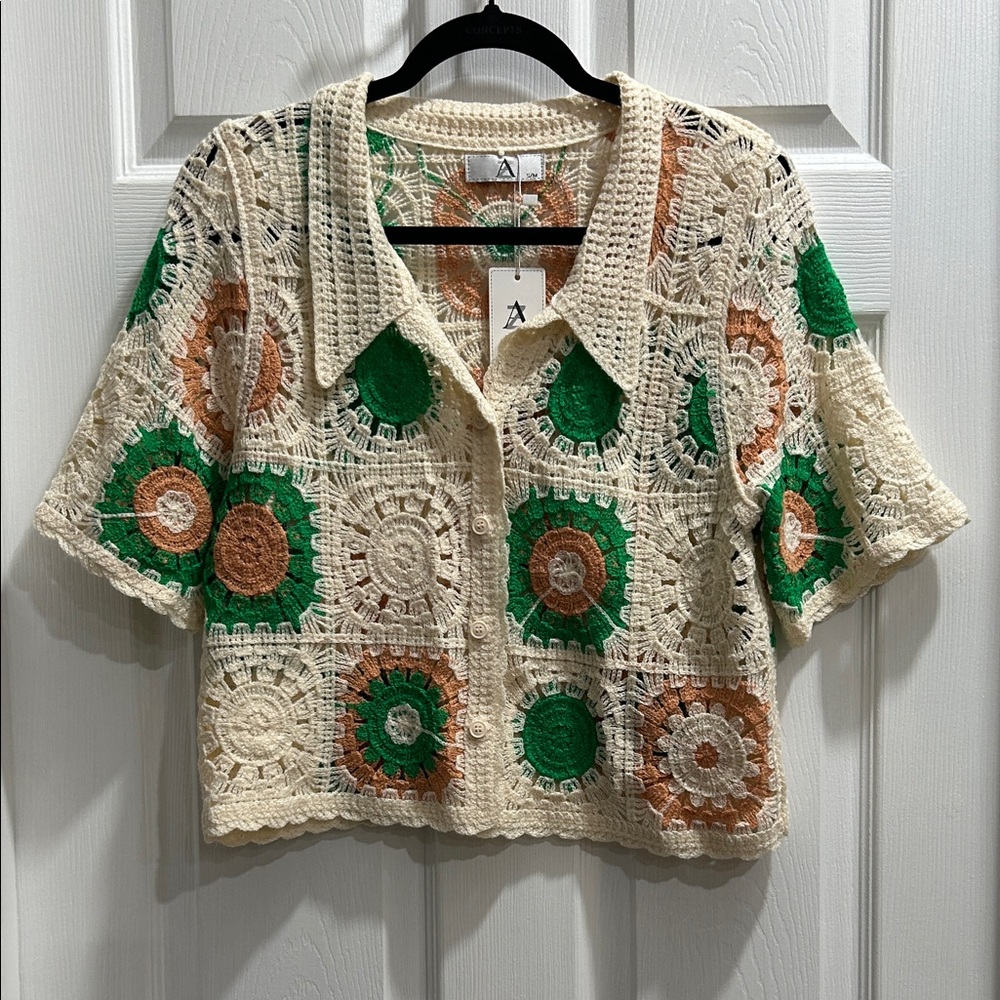 Crochet Button-Up Cardigan with Green and Brown Accents